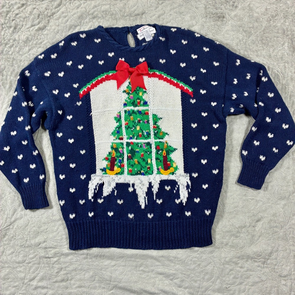 Talbots Vintage Christmas Tree Sweater Size L Snow Holiday Kitsch Chunky Ugly